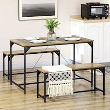 HOMCOM Dining Table and Bench Set for 4, Kitchen Table with 2 Benches, Space Saving Dining Room Sets, Natural