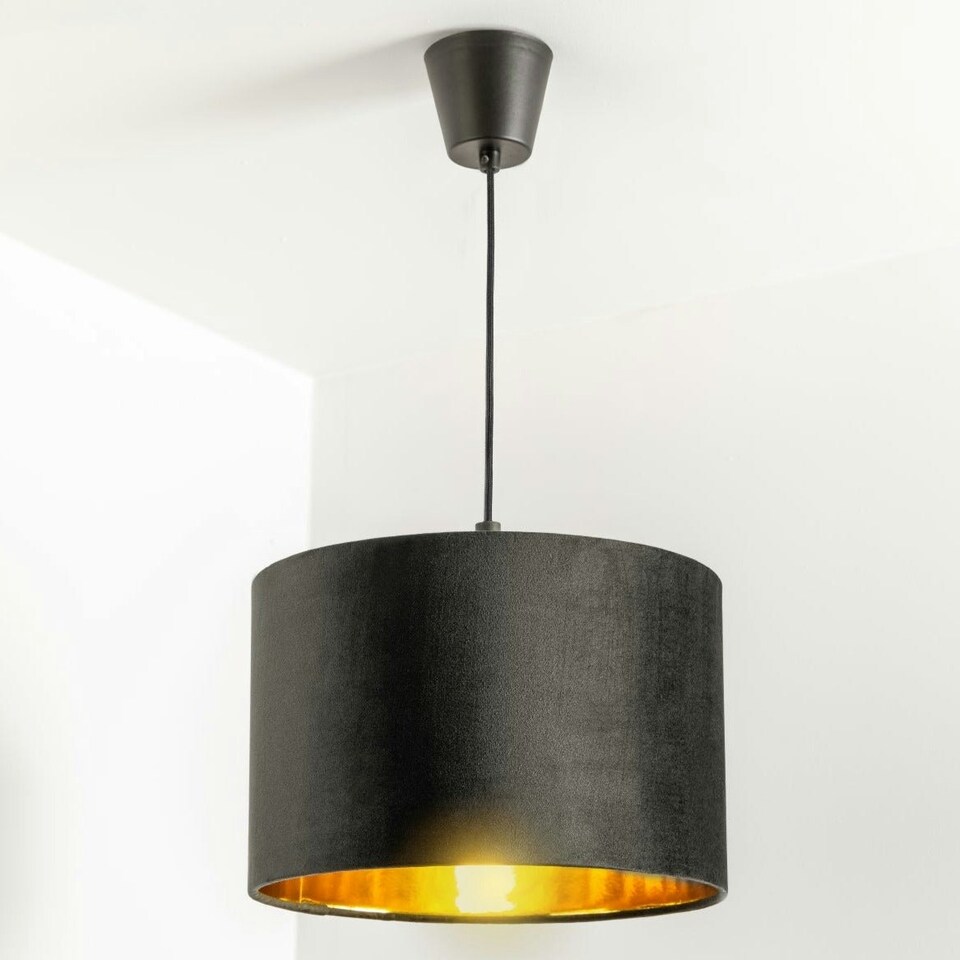 image 1 of CGC NILA Luxury Black Velvet & Gold Inner Round Pendant Drum Lamp Shade Black