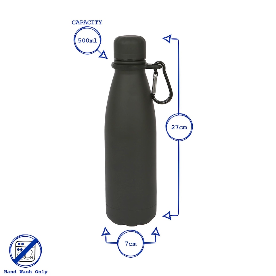 image 1 of Harbour Housewares Stainless Steel Water Bottle with Carabiner Clip - 500ml - Matt Black | Black | Matt Black | One Size