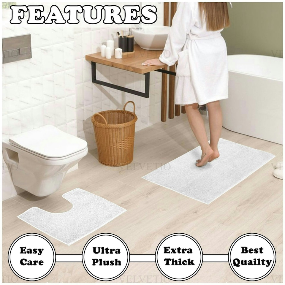 image 1 of VELVETIO Shiny Sparkling Bath Set Anti Slip Pedestal Mat Bathroom Rugs White