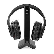 Nedis Wireless RF TV Over-Ear TV / Hifi Headphones with Charging Base, 25m Range, Volume Control, Toslink/Coax/RCA/3.5mm Input - Black