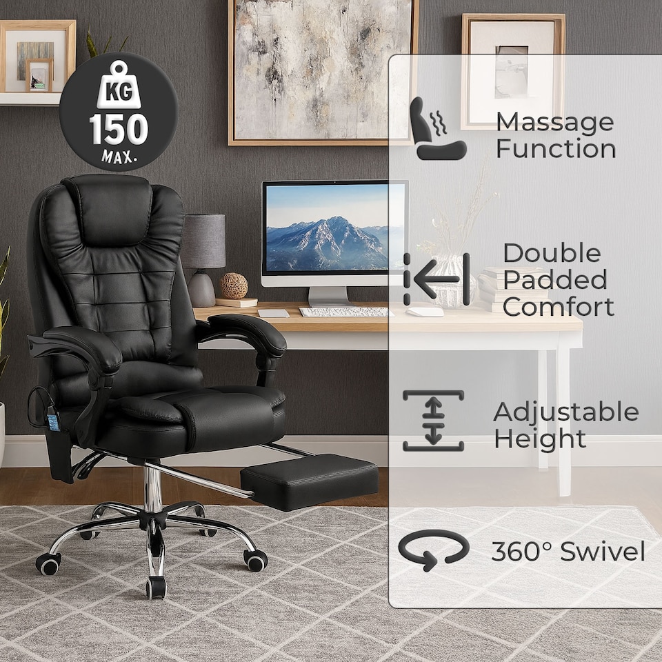 image 1 of Neo Office Chair Brown Faux Leather with Massage Function & Footrest | Black