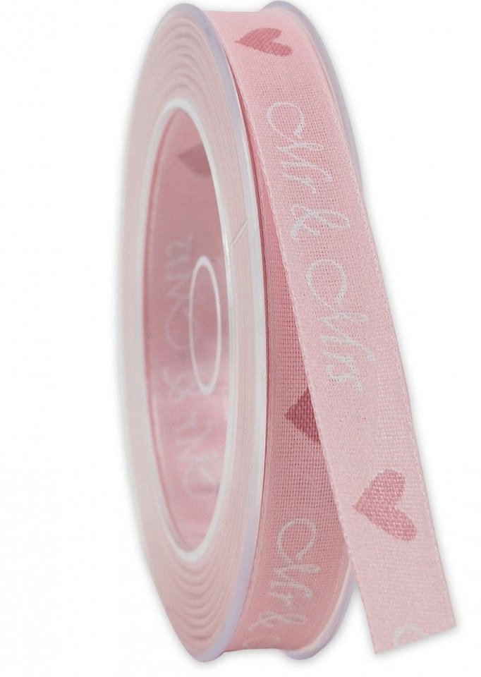 Minerva Pink 15mm Mr and Mrs Print Ribbon (Value Roll) for Dressmaking - per 20 metre roll