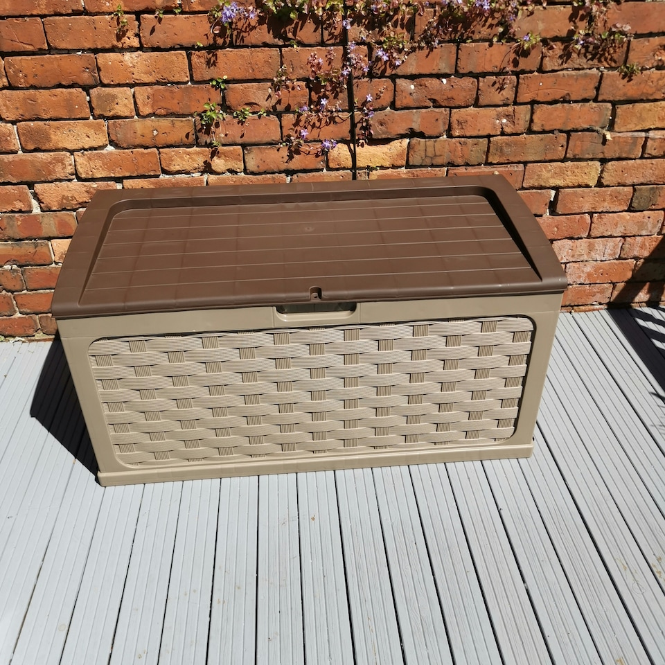 image 1 of 335 Litre Rattan Style Garden Cushion Storage Box with Sit on Lid – Dark Brown