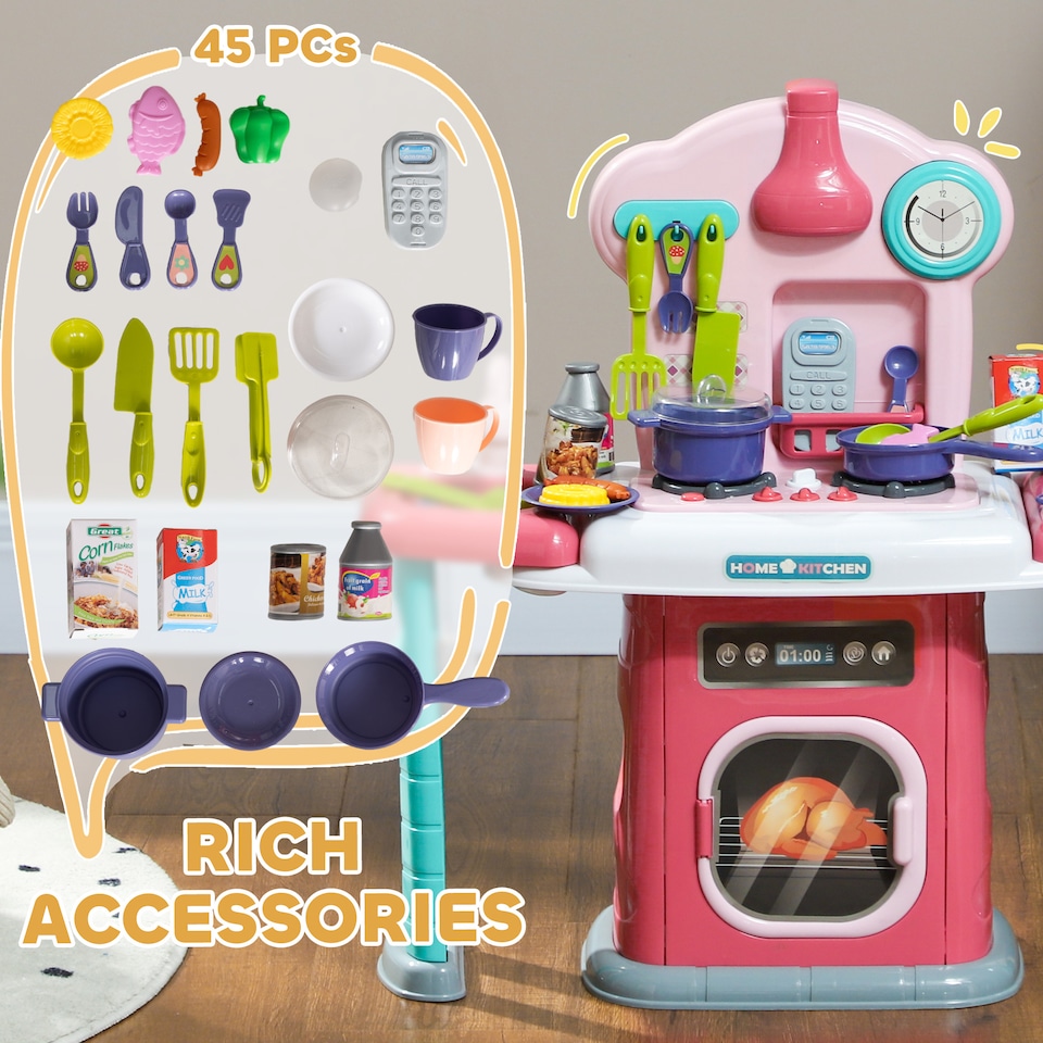 image 1 of AIYAPLAY Toy Kitchen, 45-Piece Kids Kitchen with Rotating Side Tables, Toddler Pretend Role Play set with Light, Sounds, Spray Effect for Ages 3-6 Years, Pink