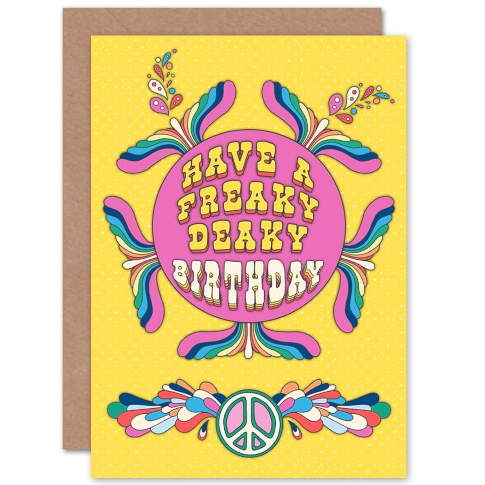 image 1 of 70s Peace Freaky Deaky Colourful Retro Birthday Greeting Card