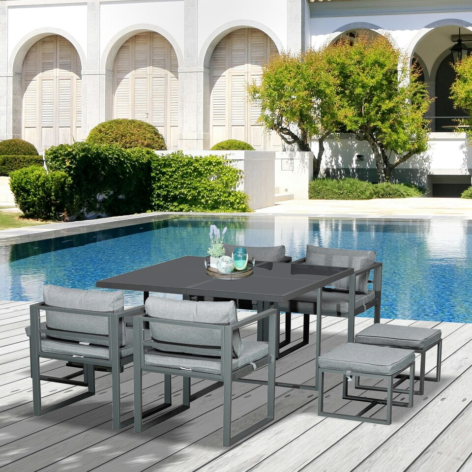 image 1 of Outsunny 9PCs Patio Dining Sets 4 Chairs 4 Ottoman Cushioned Seating