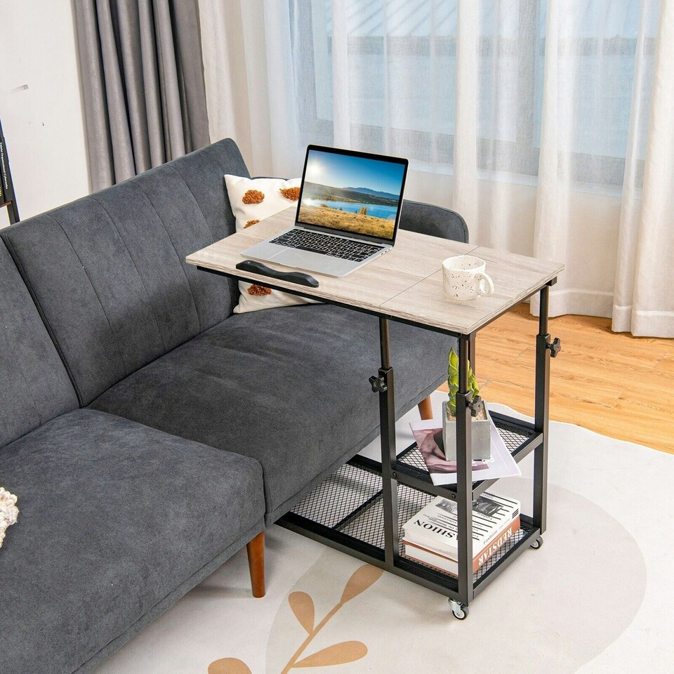 image 1 of COSTWAY Industrial Sofa Side Table Height Adjustable Rolling Natural Yellow