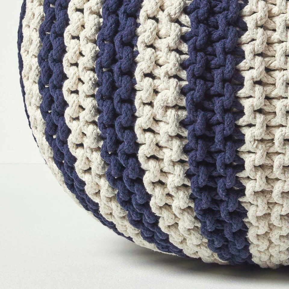 image 1 of Homescapes Navy and White Knitted Pouffe Striped Footstool - 40 x 50 cm