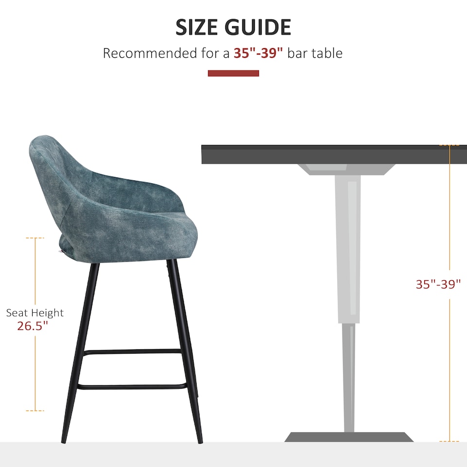 image 1 of HOMCOM Bar Stools Set of 2, Velvet-Touch Fabric Counter Height Bar Chairs, Kitchen Stools with Steel Legs for Dining Area, Kitchen Island Barstools, Blue