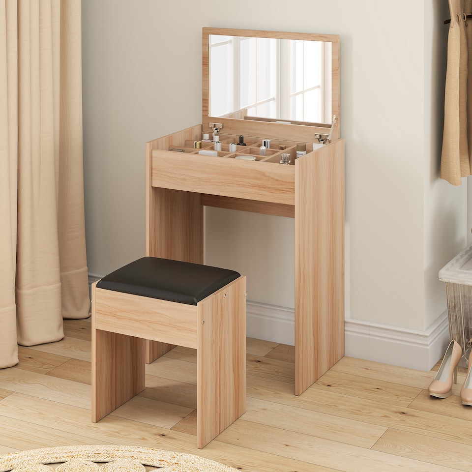 image 1 of HOMCOM Dressing Table Set Cushioned Stool Flip-up Mirror Chipboard - Wood Grain