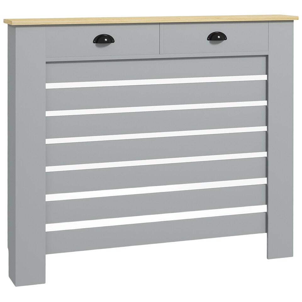image 1 of HOMCOM Radiator Cover with Drawer, Horizontal Slatted Grill, Grey Painted MDF Wood Cabinet Shelf Heating Cover for Living Room Bedroom Hallway, Medium