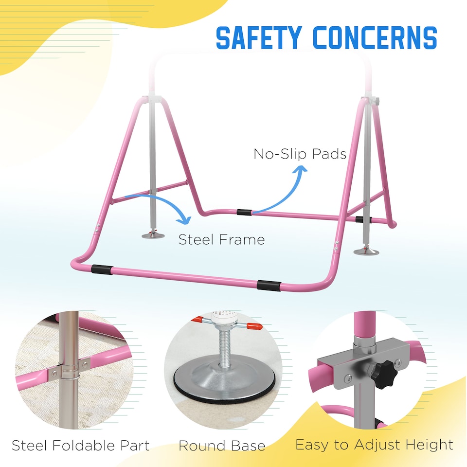 image 1 of HOMCOM Kids Gymnastic Bar w/ Adjustable Height, Foldable Training Bar - Pink | Pink | Pink | 154L x 106.2W x 88.5-128.5H cm