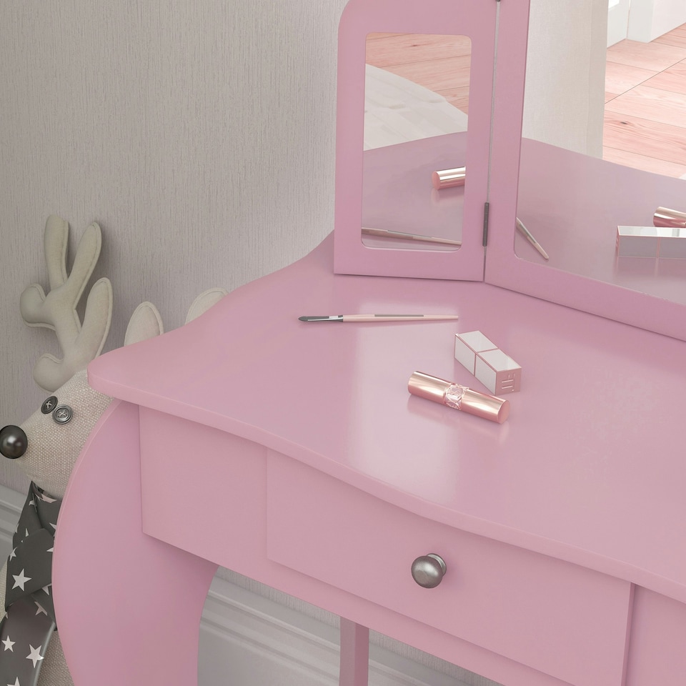 image 1 of HOMCOM Makeup Dressing Table Set with Tri-Folding Mirror and Drawer, Pink Pink