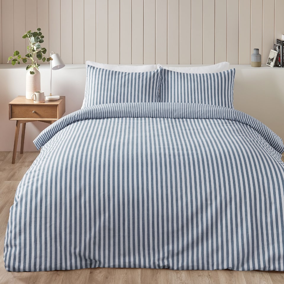 image 1 of Catherine Lansfield Brushed Stripe Cotton Reversible Duvet Cover Set