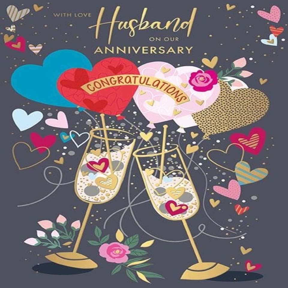 Words 'n' Wishes Husband Anniversary Card, Hearts Design, Gold Foil Finish, Made in UK