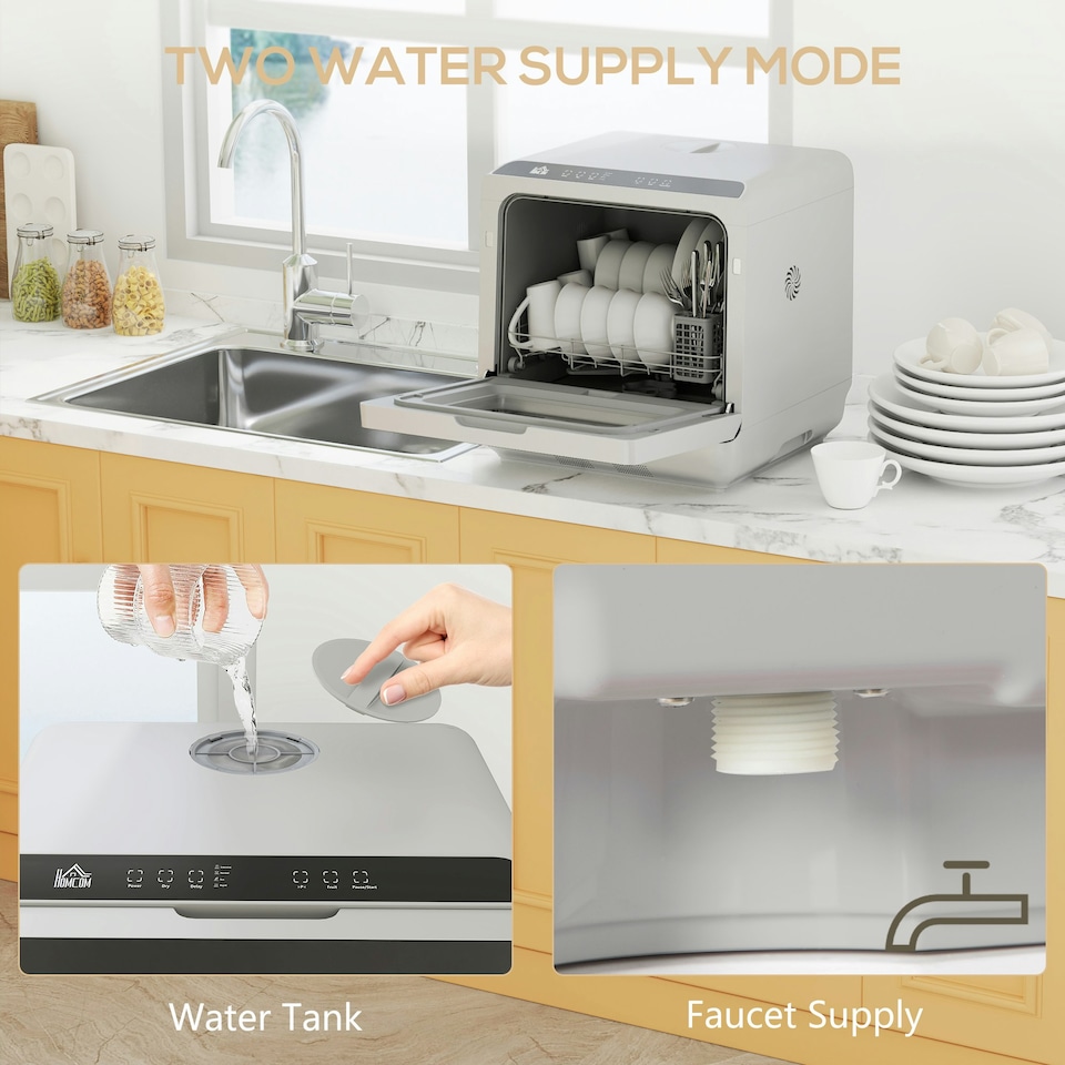 image 1 of HOMCOM Worktop Dishwasher w/ 4 Place Settings 6 Programs, Silver Tone