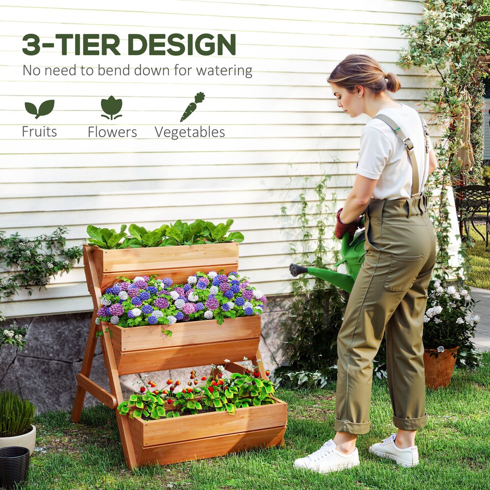 image 1 of Outsunny 3 Tier Raised Garden Bed Wooden Elevated Planter Box Kit, Brown