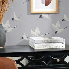 Soaring Cranes Wallpaper in Grey Multi