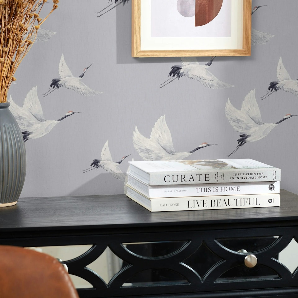 image 1 of Soaring Cranes Wallpaper in Grey Multi
