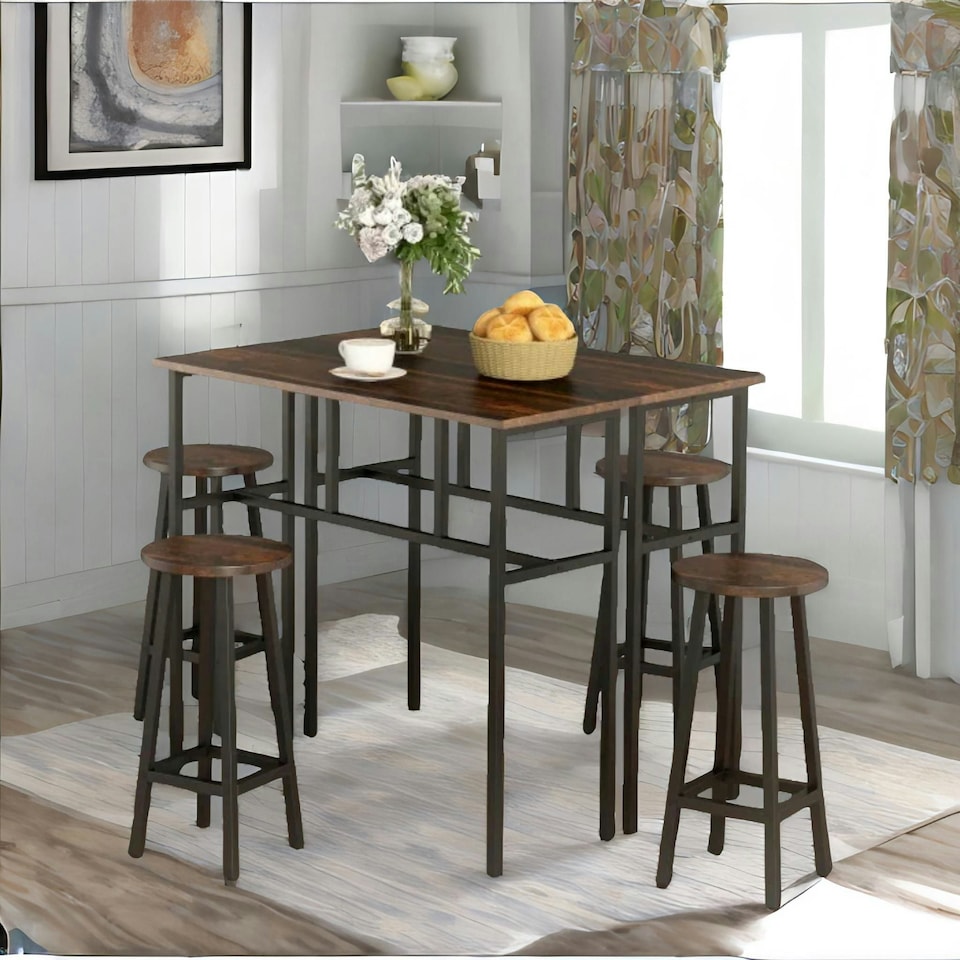 image 1 of 6PC Industrial Dining Table And Stools Set Rustic Brown Brown