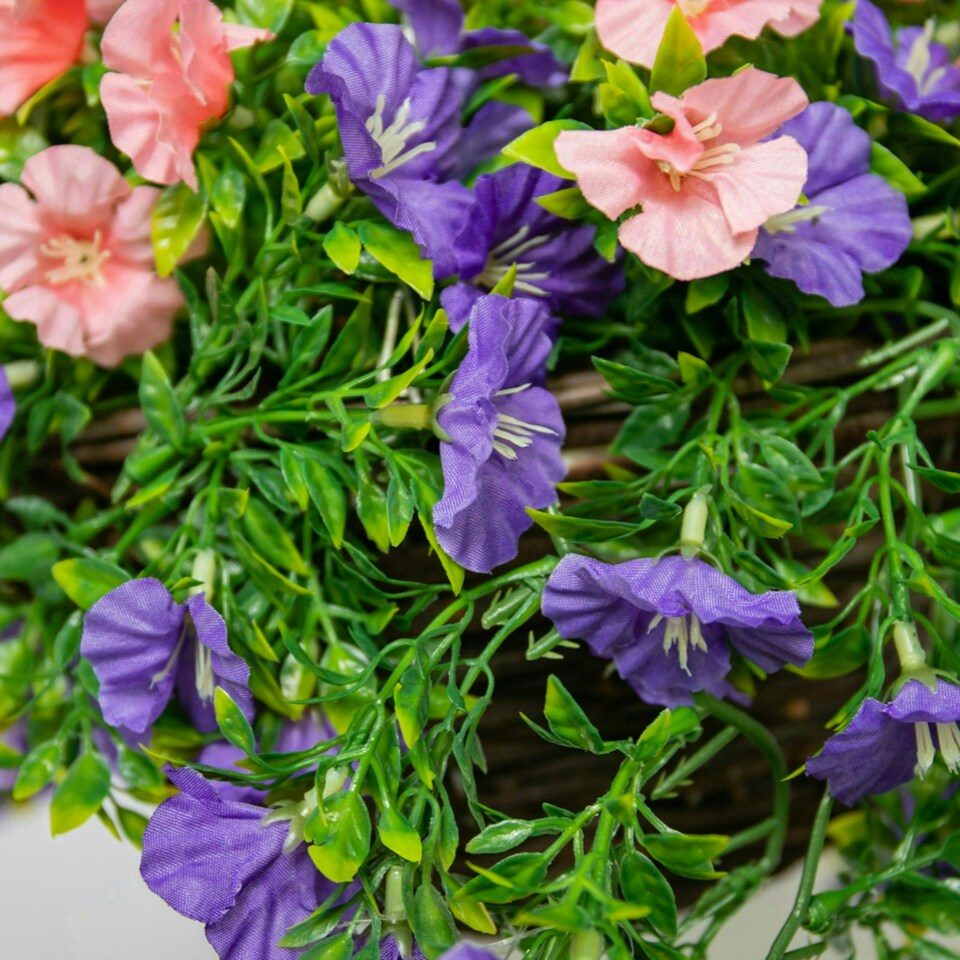 image 1 of Primrose Artificial Petunia Flowers Rattan Hanging Basket Purple Pink 30cm