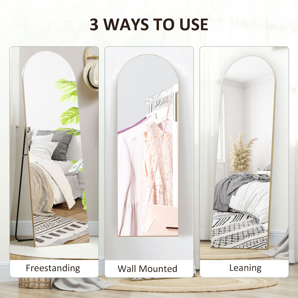 image 1 of HOMCOM Arched Full Length Mirror, 50 150cm Wall Mounted, Leaning, Free Standing Full Body Mirror, Frameless, for Living Room, Bedroom, Gold Tone