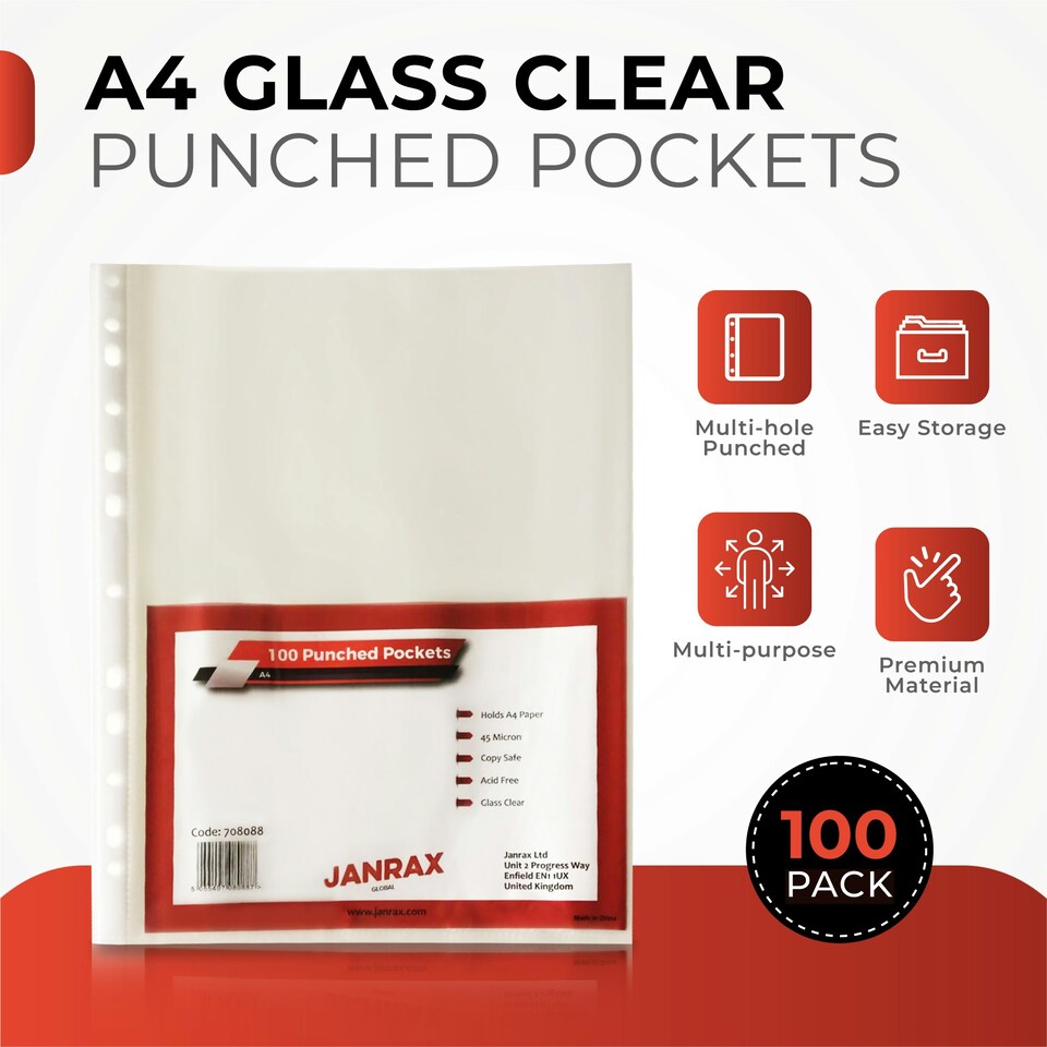 image 1 of Pack of 500 A4 Glass Clear Punched Pockets by Janrax - Copy Safe Acid Free
