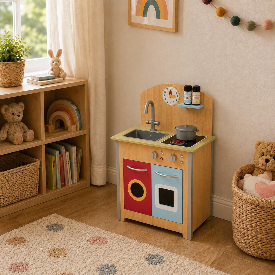 image 1 of Teamson Kids Wooden Play Kitchen with 4 Accessories, Wooden, Porto