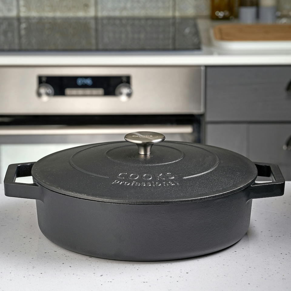 image 1 of Cooks Professional Cast Iron Casserole 28cm Shallow | 4.3L Capacity | Enamelled Inside and Out | Matte Black