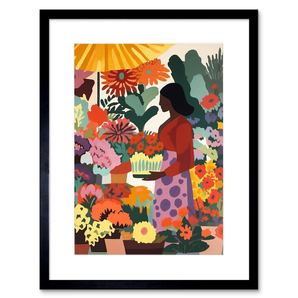 image 1 of Danish Pastel Aesthetic Florist Flower Market Watercolour 9x7" Black Framed Wall Art Print