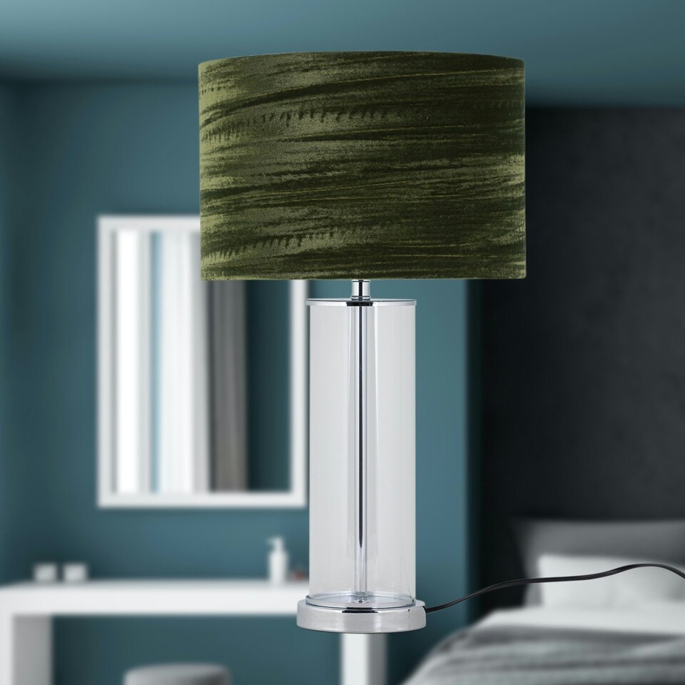 image 1 of Aura - Chrome Table Lamp with Green Crushed Velvet Shade Chrome | Green