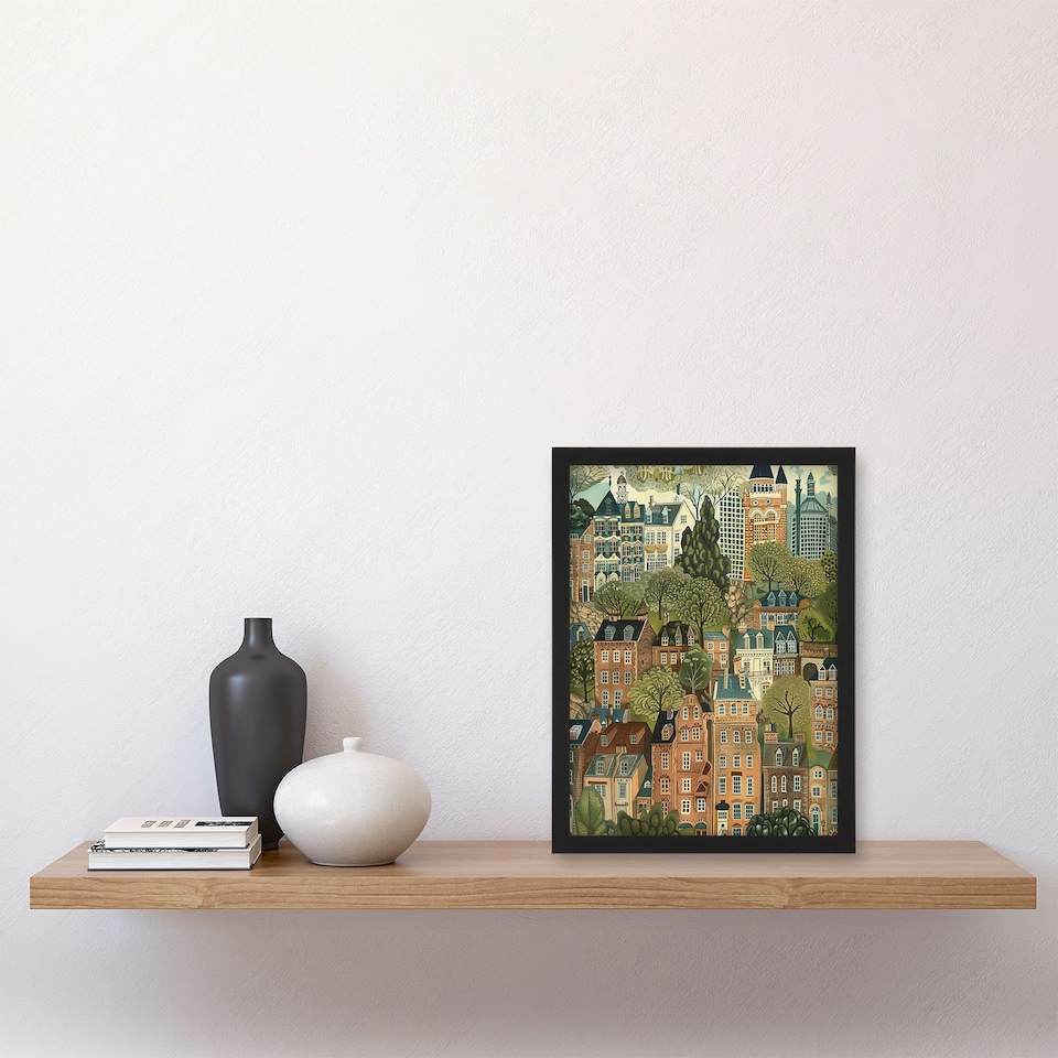 image 1 of Townhouses Trees Cityscape Living Room Black Framed Wall Art Print A4