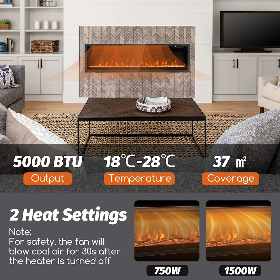 image 1 of COSTWAY 127CM Electric Fireplace Wall Mounted Black