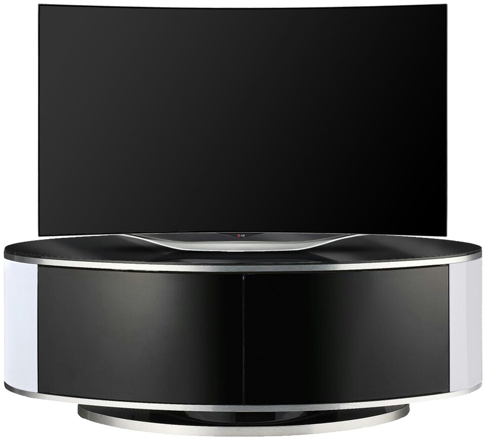 image 1 of MDA Designs LUNA Gloss Black Oval Cabinet with White Profiles and Black BeamThru Glass Doors Suitable for Flat Screen TVs up to 50" | Multi | 1