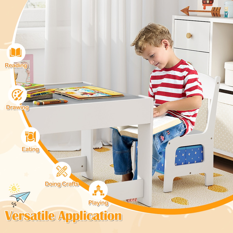 image 1 of COSTWAY Kids Multifunctional Table and 2 Chairs Set Blue