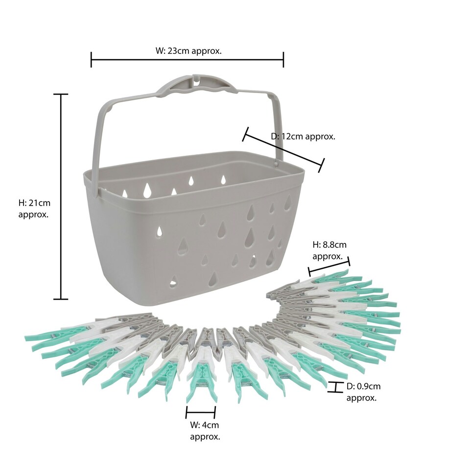 image 1 of JVL Plastic Peg Basket, Grey with 48 Large Ultra Strong Plastic Pegs, Aqua