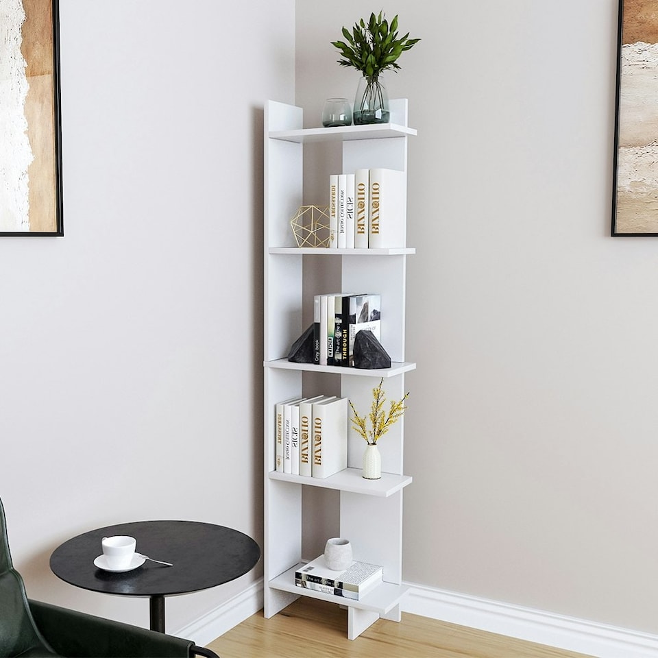 image 1 of Living and Home Modern 5-Tier Corner Bookshelf Sttorage Rack - White