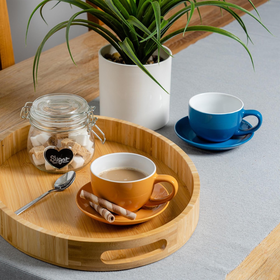 image 1 of Argon Tableware 12 Piece Coloured Cappuccino Cup & Saucer Set - 250ml - Blue/Yellow