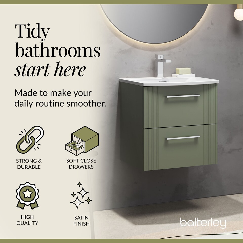image 1 of Balterley Partial Fluted 2 Drawer Wall Hung Vanity Unit with 1 Tap Hole Curved Basin | Green | Satin Green