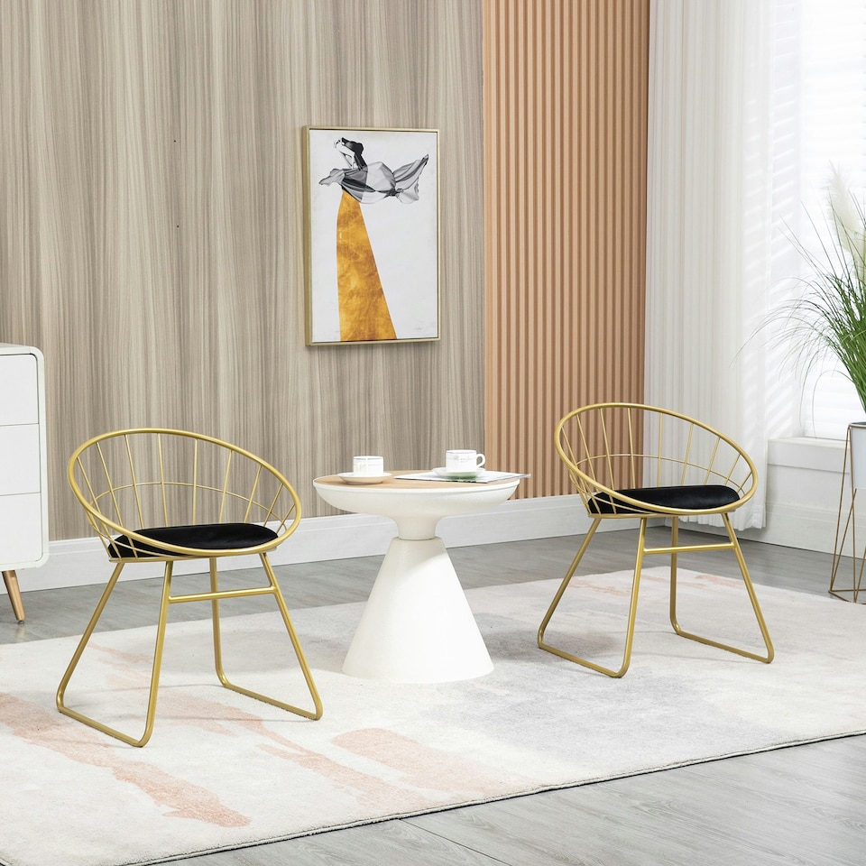 image 1 of HOMCOM Metal Wire Dining Chairs Set of 2, Steel Frame for Kitchen Gold