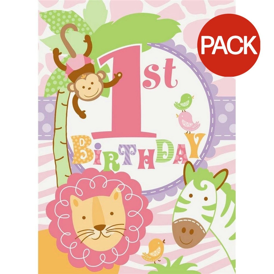 Unique Party Safari 1st Birthday Invitations (Pack of 8) - Pastel/Pink - 14cm x 10cm