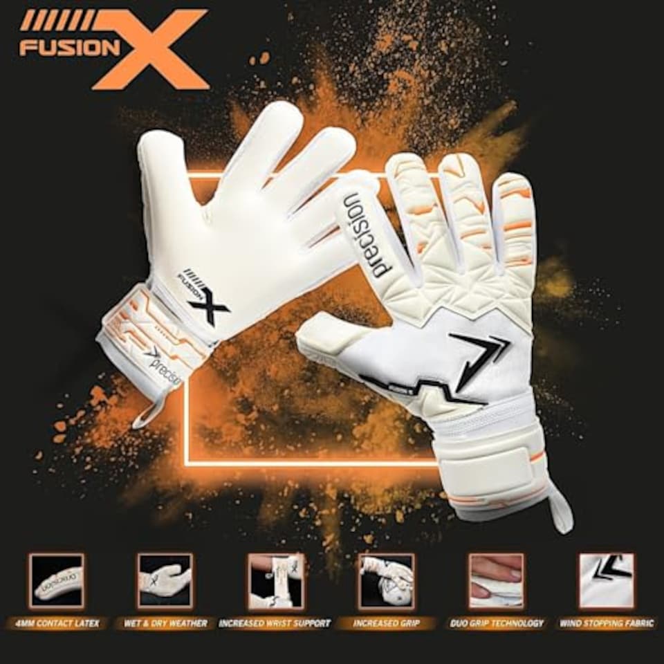 image 1 of Precision Training Fusion X Pro Negative Contact Duo Grip Professional Football Junior Goalkeeper Gloves, White, 6