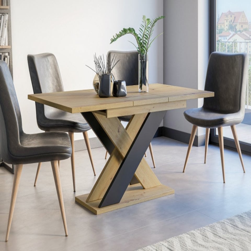 image 1 of Dining Table Extendable 120-160cm Extending Oak Finish Top Black X Frame Leg 6-8 Seater - Xia