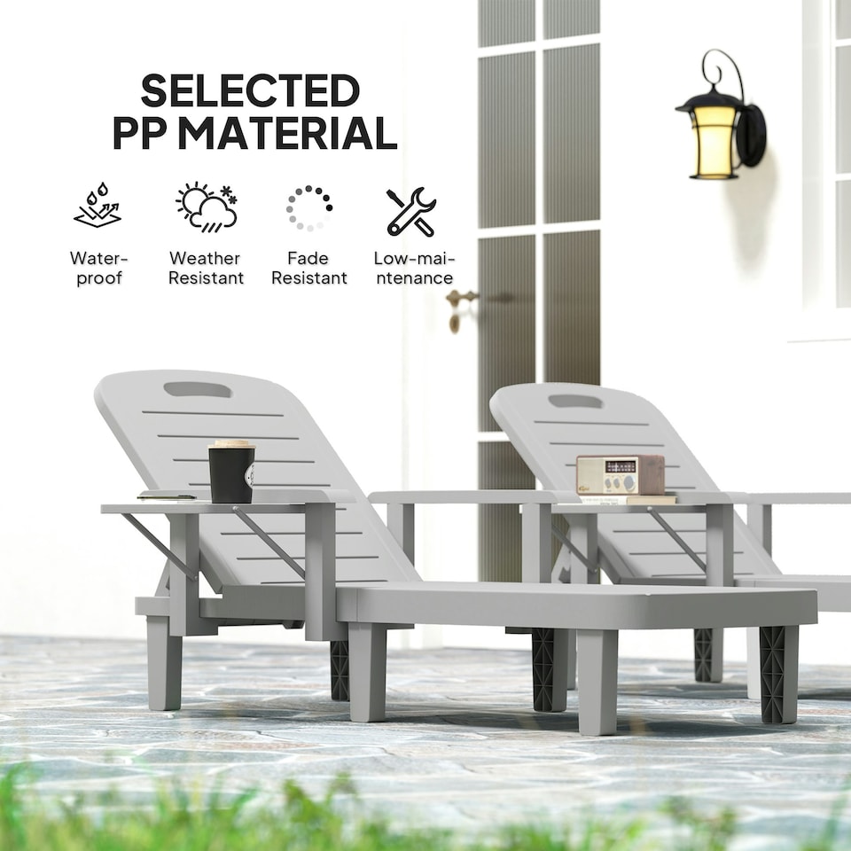image 1 of Outsunny Set of 2 Resin Reclining Sun Loungers for Garden Grey | Light Grey