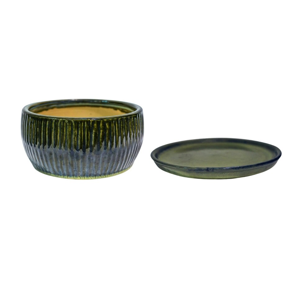image 1 of Round Reactive Glaze Bonsai Planter Set of 2 - Cement - L24.5 x W24.5 x H12 cm - Emerald | Green
