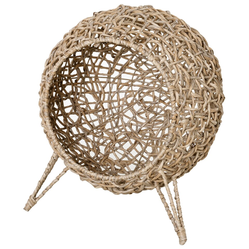 image 1 of PawHut Wicker Cat House, Ball-Shaped Rattan Raised Cat Bed - Natural Wood Finish
