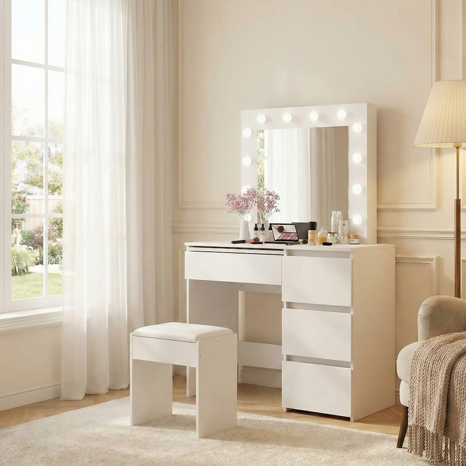 image 1 of Levede Dressing Table Vanity Set Stool Makeup LEDs Mirror Jewellery Organizer | White