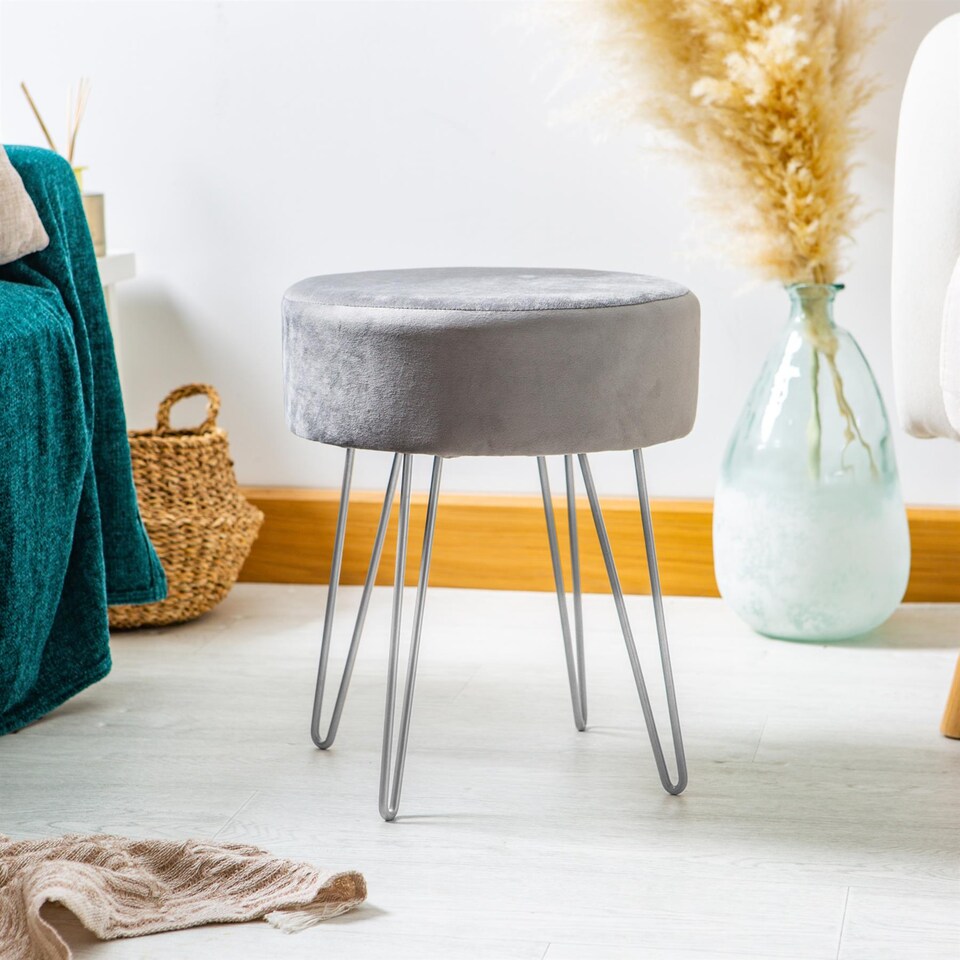 image 1 of Harbour Housewares Velvet Footstool - Round Modern Dressing Table Footstool Vanity Seat Chairs - 40 x 35cm - Grey/Silver | Grey | Grey/Silver | Pack of 1 | 1