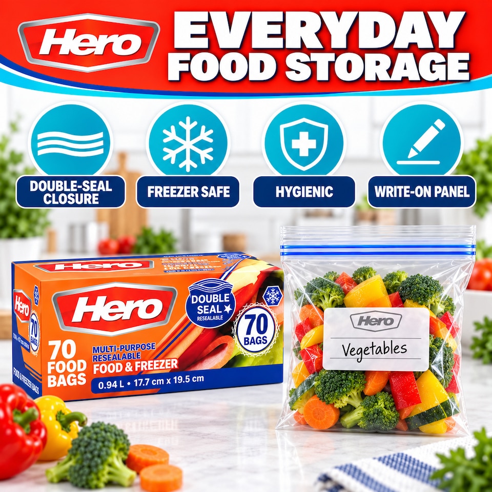 image 1 of Hero 70 Medium 1L Resealable Freezer Bags – Reusable Ziplock Food Storage Bags with Write-On Label – BPA Free Sandwich & Freezer Bags